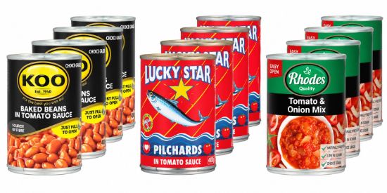 The Tin Food Combo (4x 400g Koo Bake Beans,4x 400gLucky Star Pilchards,4x410g Rhodes Tomato and Onion mix)